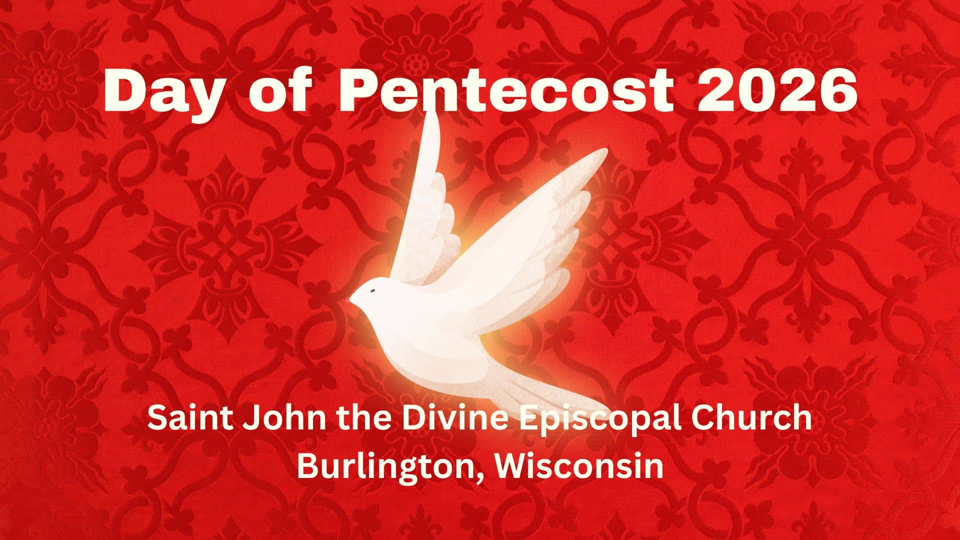 Day of Pentecost 2026 cover photo. It has a red background with a dove.